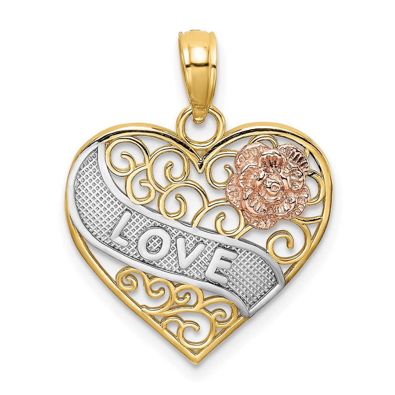 14K Bicolor-Gold Charm mit LOVE-Banner aus Weißrhodium auf filigranem Herz