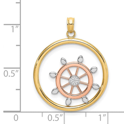 14K Bicolor-Gold Charm mit Weißrhodium, Schiffssteuerrad im Perlenkreis
