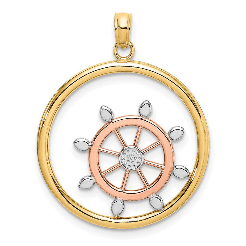 14K Bicolor-Gold Charm mit Weißrhodium, Schiffssteuerrad im Perlenkreis