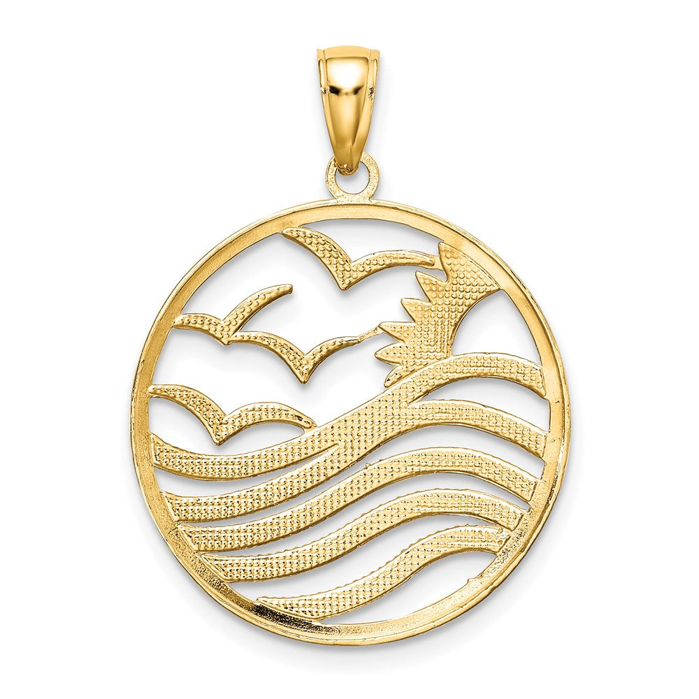 14K Gelbgold & Rhodiumgold mit Rhodium – Sonnenuntergang und Möwen im Kreis-Anhänger