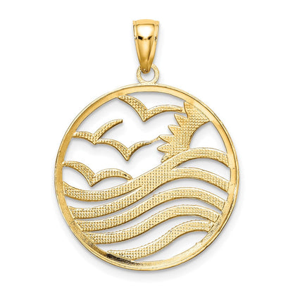 14K Gelbgold & Rhodiumgold mit Rhodium – Sonnenuntergang und Möwen im Kreis-Anhänger