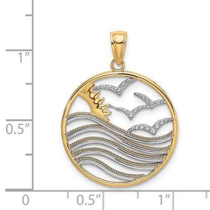 14K Gelbgold & Rhodiumgold mit Rhodium – Sonnenuntergang und Möwen im Kreis-Anhänger