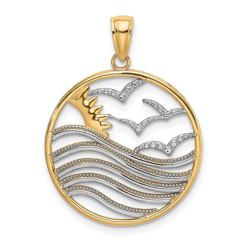 14K Gelbgold & Rhodiumgold mit Rhodium – Sonnenuntergang und Möwen im Kreis-Anhänger