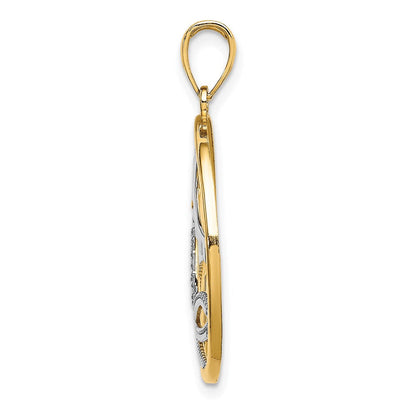 14K Gelb- und Rhodiumgold Kreis-Charm mit Rhodium-Sonne, Segelboot, Wasser und Möwen