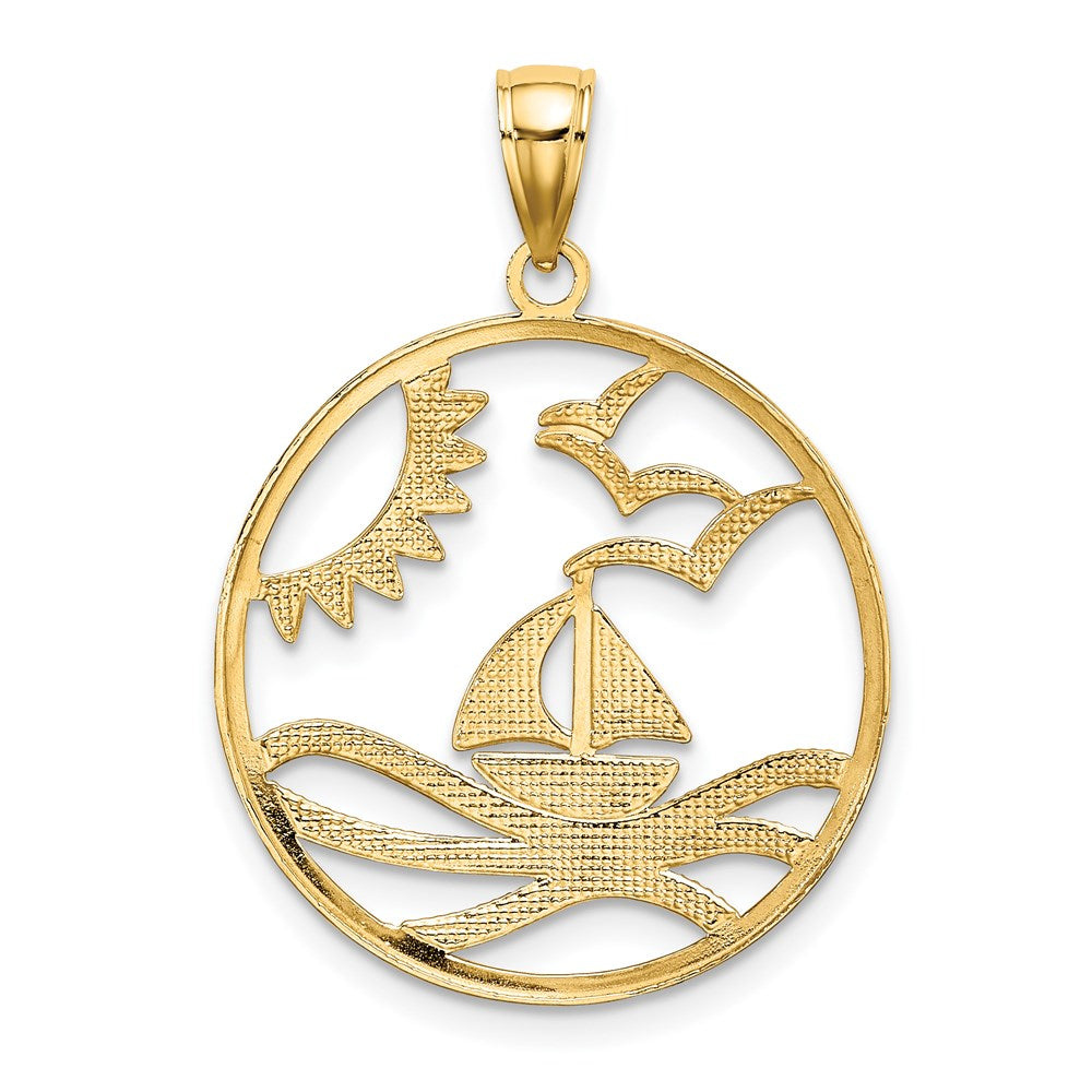 14K Gelb- und Rhodiumgold Kreis-Charm mit Rhodium-Sonne, Segelboot, Wasser und Möwen