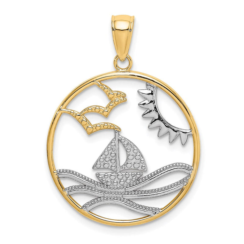 14K Gelb- und Rhodiumgold Kreis-Charm mit Rhodium-Sonne, Segelboot, Wasser und Möwen