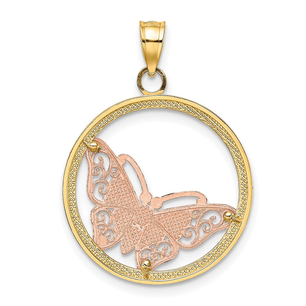 14k Zweifarbiges Gold mit Weißrhodium Schmetterling-Charm in rundem Rahmen
