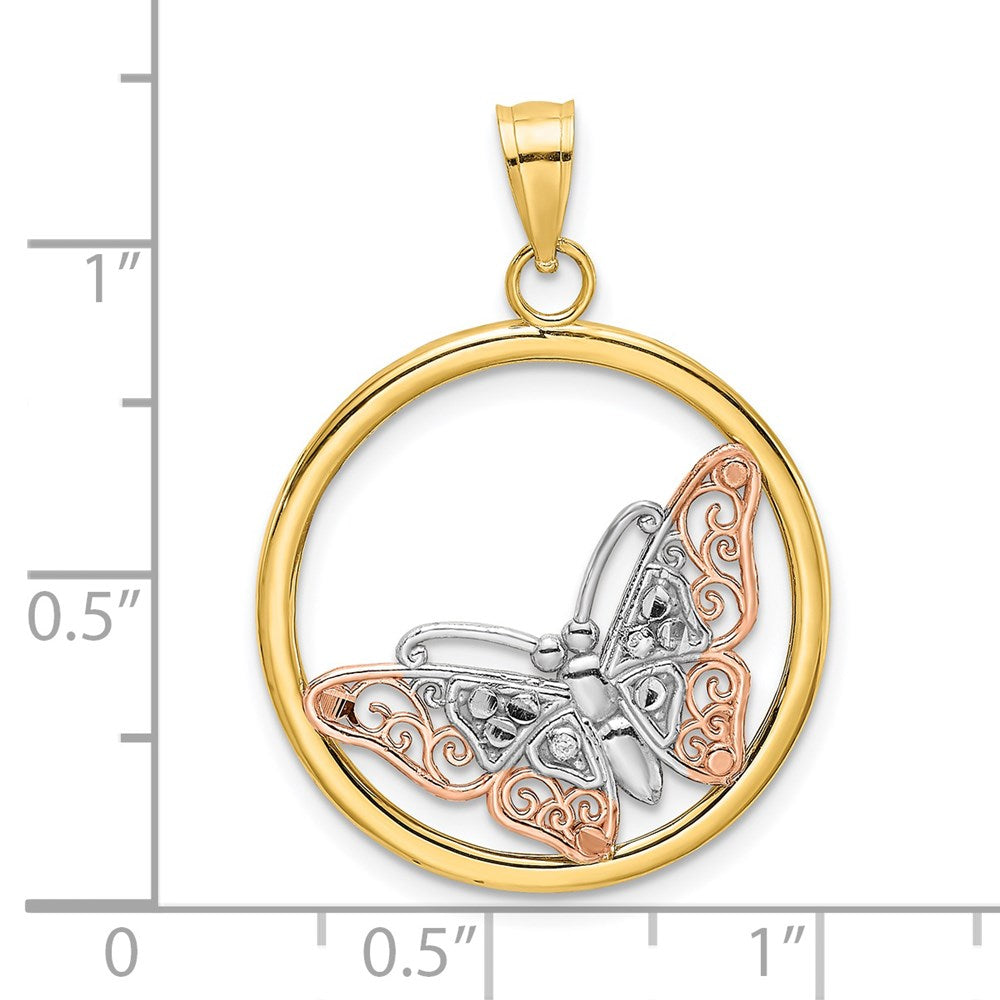 14k Zweifarbiges Gold mit Weißrhodium Schmetterling-Charm in rundem Rahmen