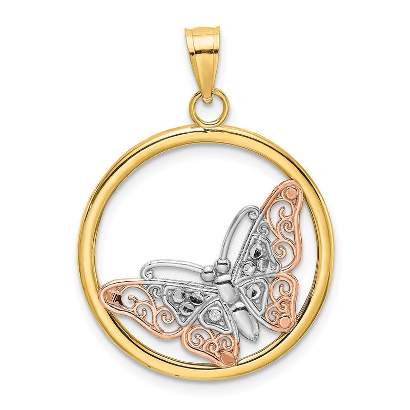 14k Zweifarbiges Gold mit Weißrhodium Schmetterling-Charm in rundem Rahmen