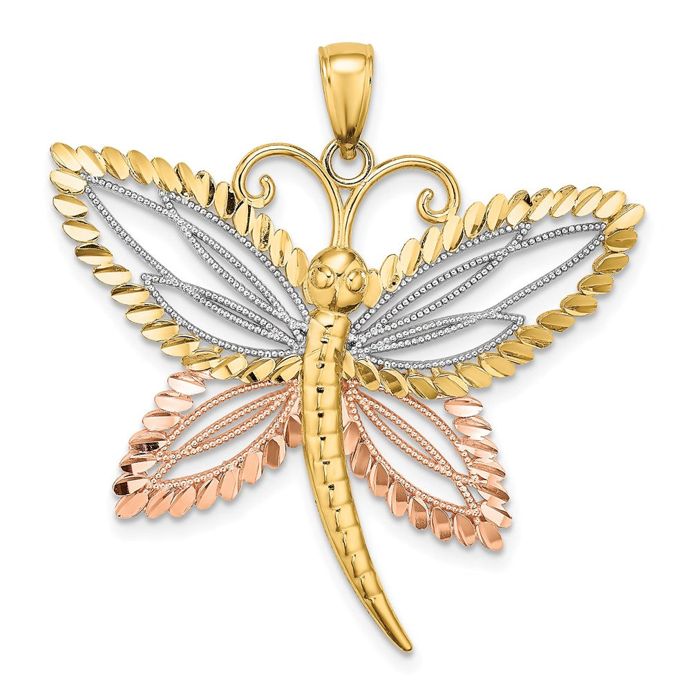 14K Bicolor-Gold mit Weißrhodium Libellen-Charm mit perlenverzierten diamantierten Flügeln