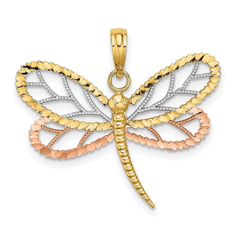 14K Bicolor-Gold Libellen-Charm mit Weißrhodinierung und perlenbesetzten, diamantierten Flügeln