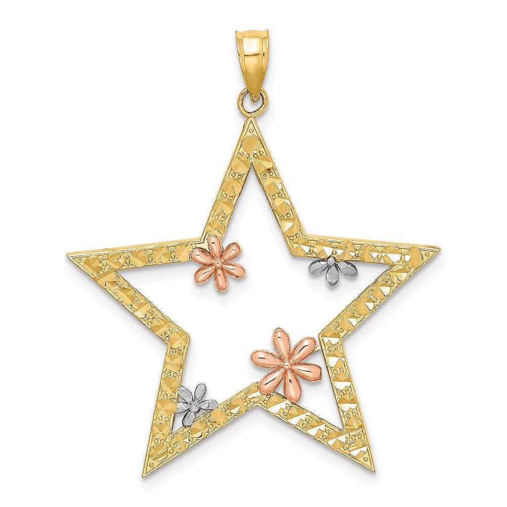 14 Karat Bicolor-Gold mit Weißrhodium Stern-Charm mit Blumen