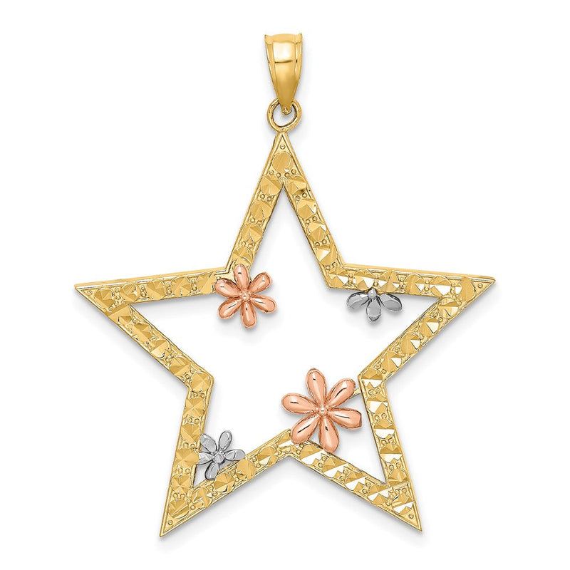 14 Karat Bicolor-Gold mit Weißrhodium Stern-Charm mit Blumen