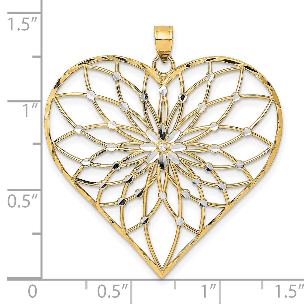 14 Karat Gelb- und Rhodiumgold mit Weißrhodium diamantgeschliffener großer Filigran-Herzanhänger