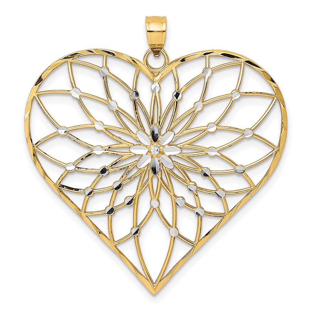 14 Karat Gelb- und Rhodiumgold mit Weißrhodium diamantgeschliffener großer Filigran-Herzanhänger