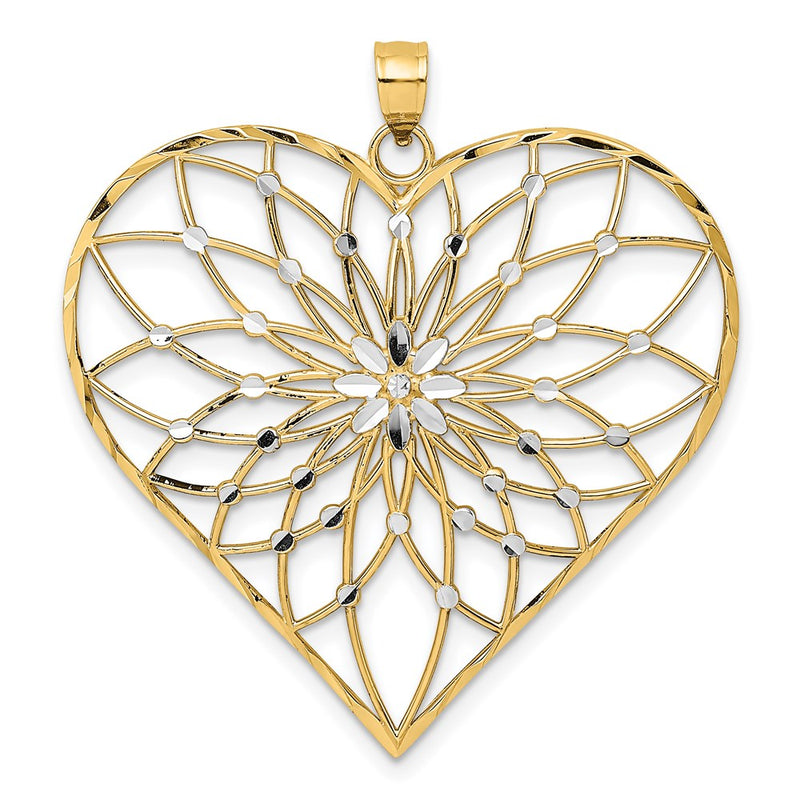 14 Karat Gelb- und Rhodiumgold mit Weißrhodium diamantgeschliffener großer Filigran-Herzanhänger