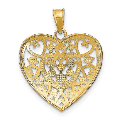 14K Gelb- und Rhodiumgold Herz-Charm mit durchbrochenem Filigran aus Rhodium