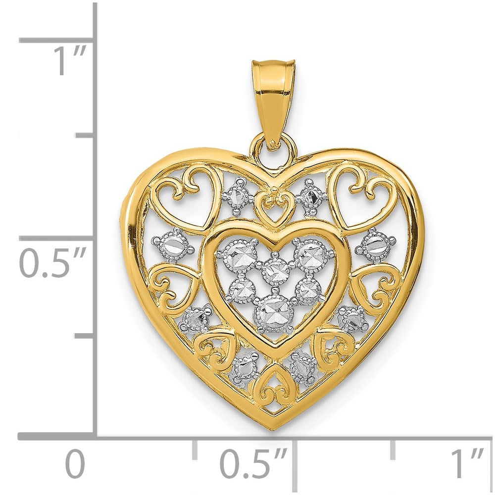 14K Gelb- und Rhodiumgold Herz-Charm mit durchbrochenem Filigran aus Rhodium
