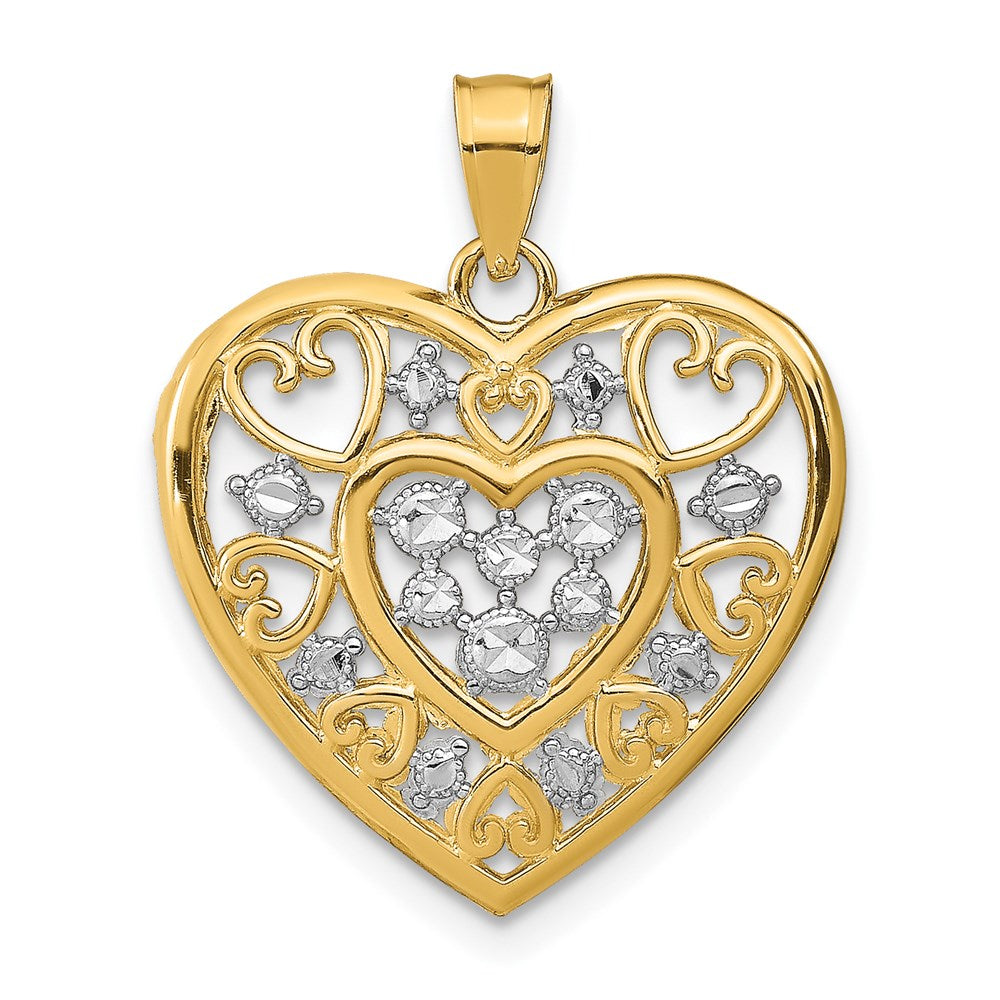 14K Gelb- und Rhodiumgold Herz-Charm mit durchbrochenem Filigran aus Rhodium