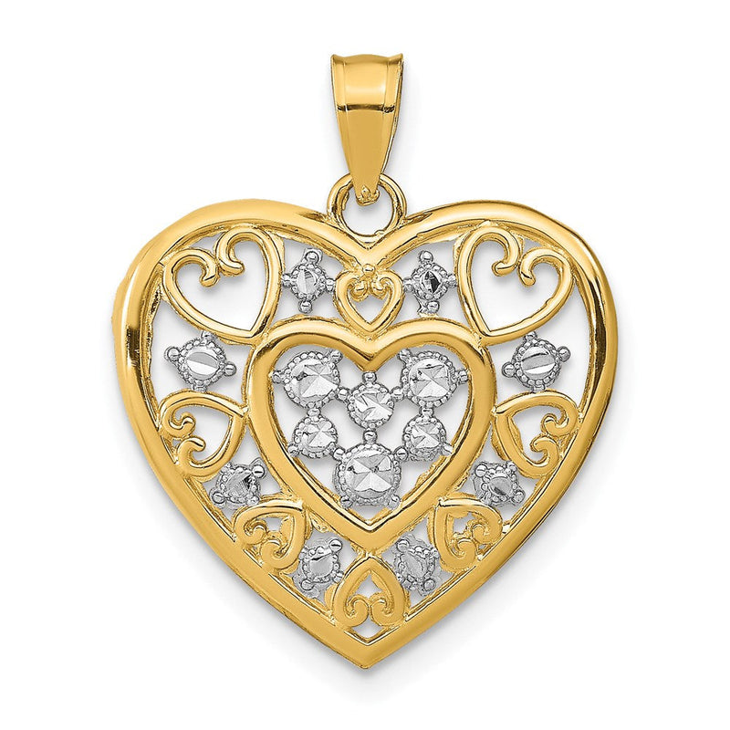 14K Gelb- und Rhodiumgold Herz-Charm mit durchbrochenem Filigran aus Rhodium