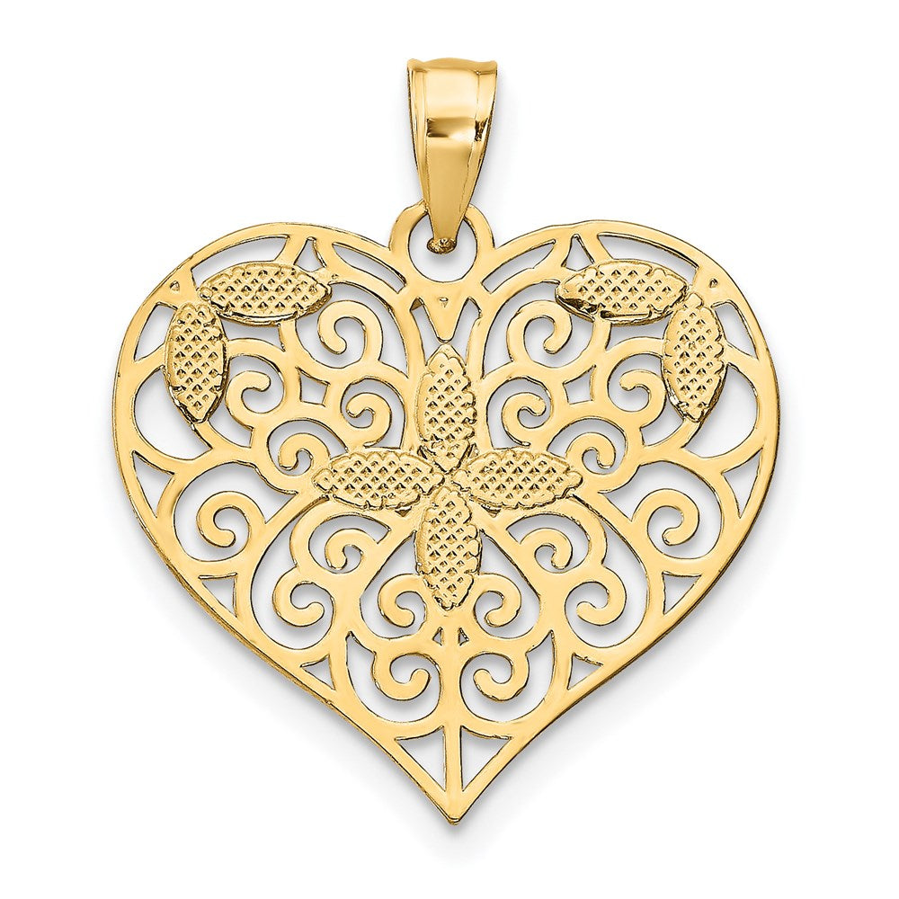 14K Gelb- und Rhodiumgold mit Rhodium Cut-Out-Filigran-Blumen- und Herzcharm