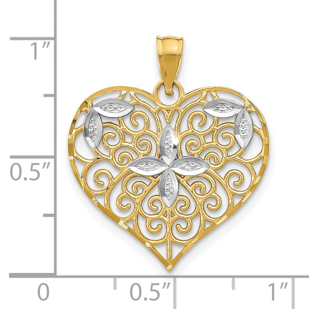 14K Gelb- und Rhodiumgold mit Rhodium Cut-Out-Filigran-Blumen- und Herzcharm