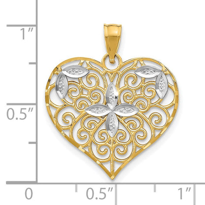 14K Gelb- und Rhodiumgold mit Rhodium Cut-Out-Filigran-Blumen- und Herzcharm