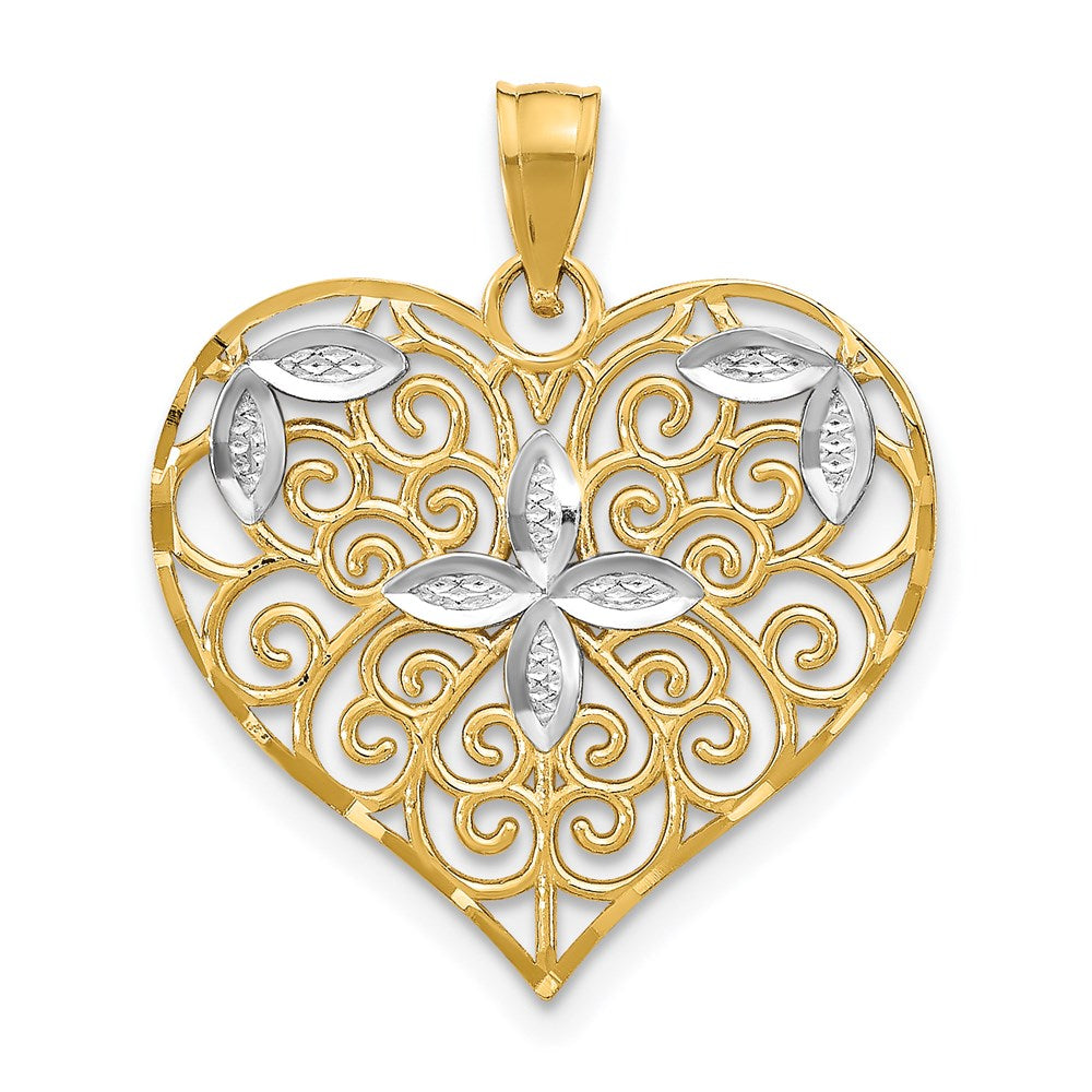 14K Gelb- und Rhodiumgold mit Rhodium Cut-Out-Filigran-Blumen- und Herzcharm