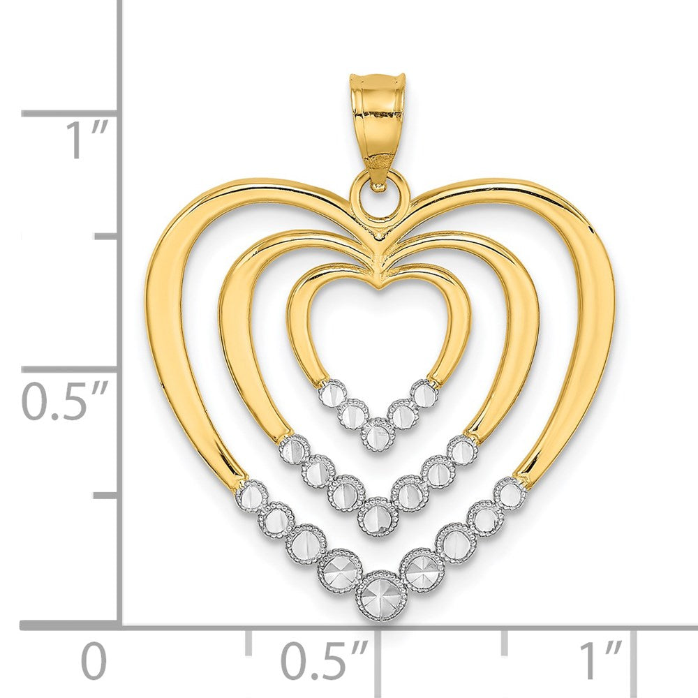 14K Gelbgold & Rhodiumgold mit Rhodium, diamantgeschliffen, poliert, 3-Herzen-Charm