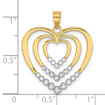 14K Gelbgold & Rhodiumgold mit Rhodium, diamantgeschliffen, poliert, 3-Herzen-Charm