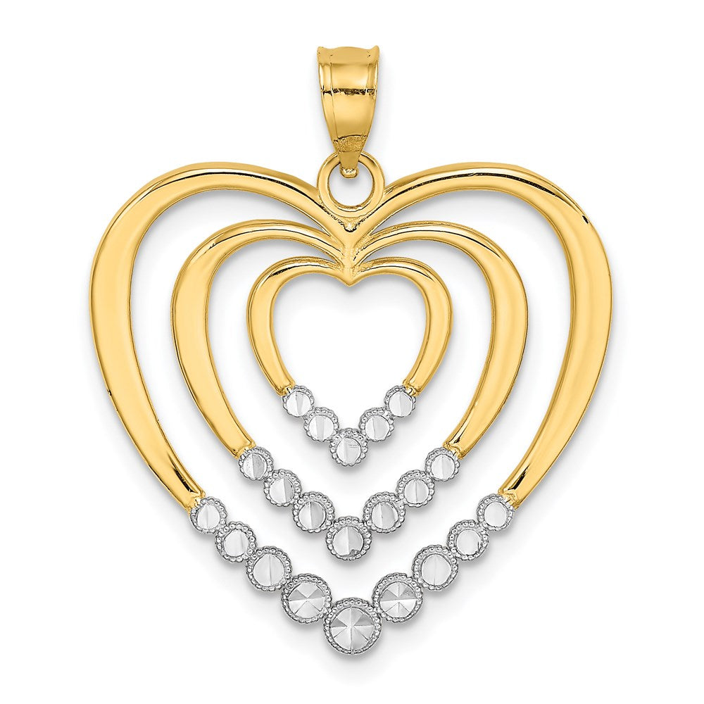 14K Gelbgold & Rhodiumgold mit Rhodium, diamantgeschliffen, poliert, 3-Herzen-Charm