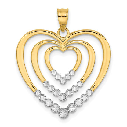 14K Gelbgold & Rhodiumgold mit Rhodium, diamantgeschliffen, poliert, 3-Herzen-Charm