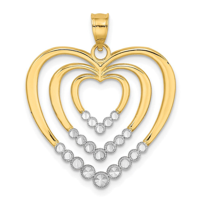 14K Gelbgold & Rhodiumgold mit Rhodium, diamantgeschliffen, poliert, 3-Herzen-Charm