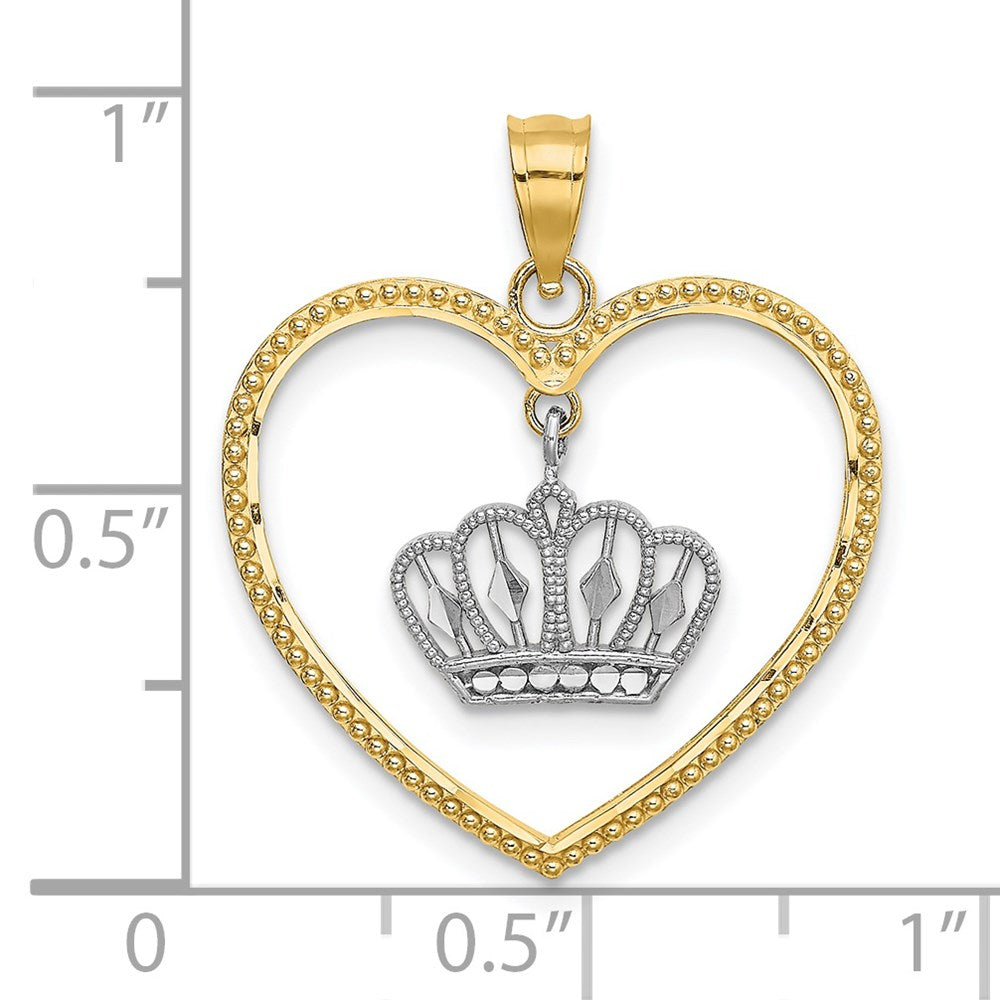 14K Gelb- und Rhodium-Gold & Weiß-Rhodium Herz mit Perlbesatz und baumelndem Kronen-Charm