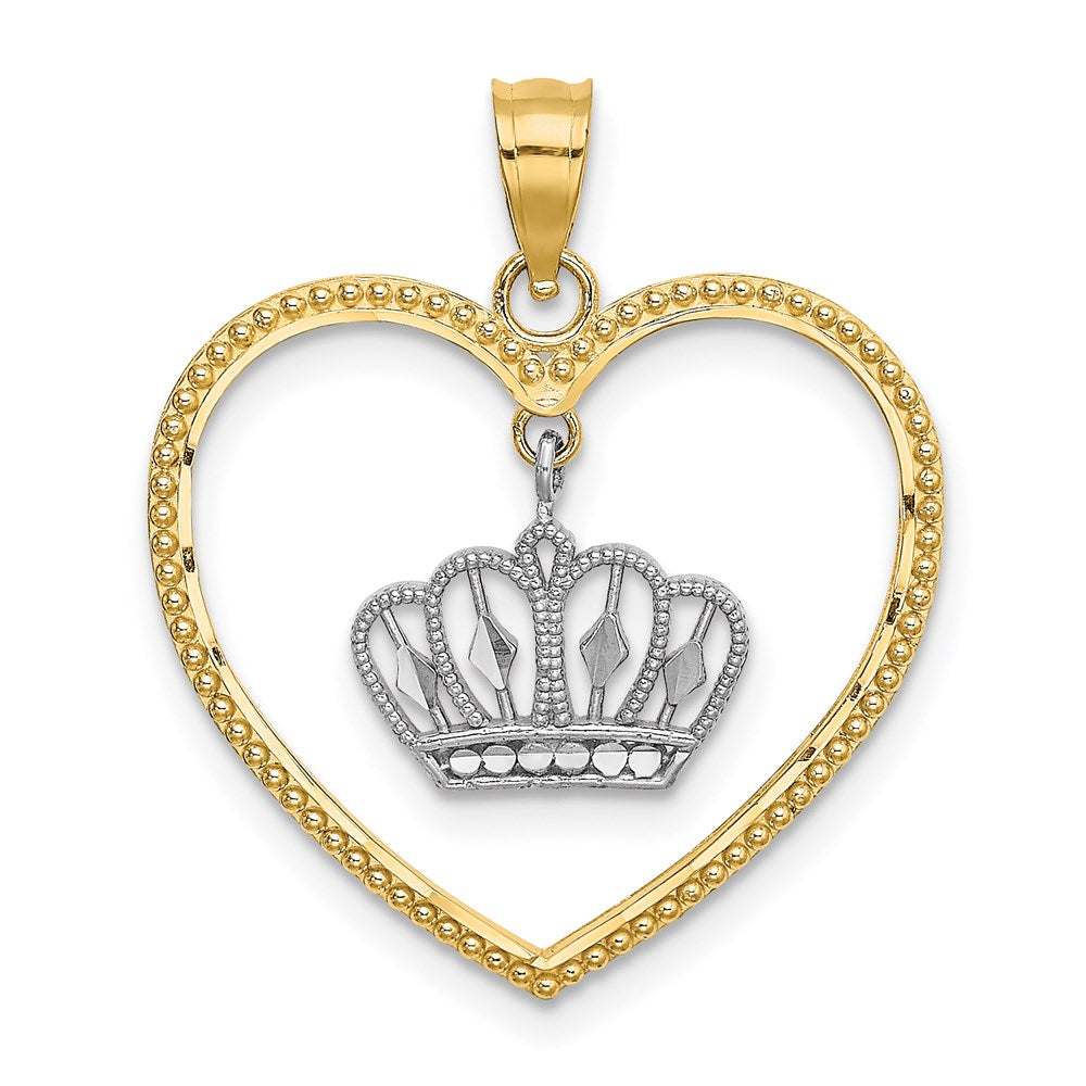 14K Gelb- und Rhodium-Gold & Weiß-Rhodium Herz mit Perlbesatz und baumelndem Kronen-Charm