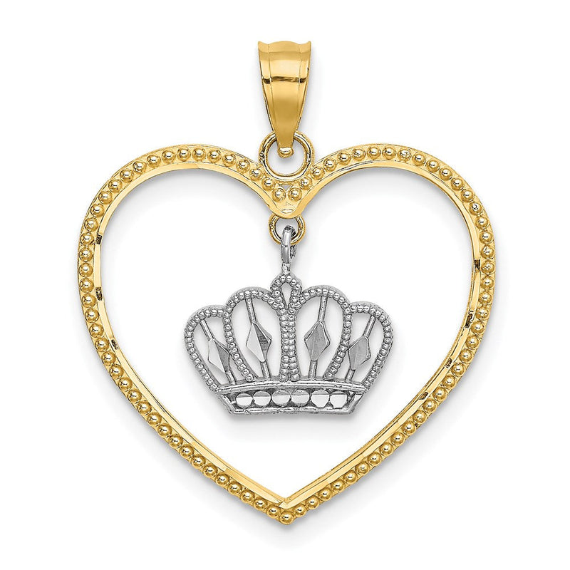 14K Gelb- und Rhodium-Gold & Weiß-Rhodium Herz mit Perlbesatz und baumelndem Kronen-Charm