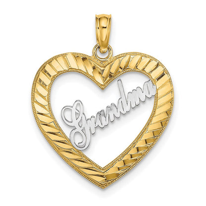 14K Gelb & Rhodium mit Weiß Diamantiert Herz Oma Charm