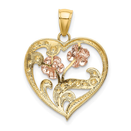 14K Bicolor-Gold Herz-Blumen-Charm mit Weißrhodium