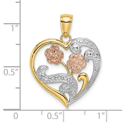 14K Bicolor-Gold Herz-Blumen-Charm mit Weißrhodium