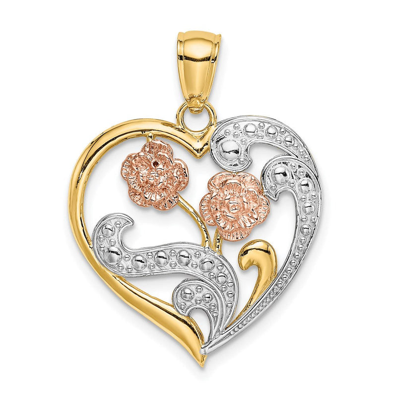 14K Bicolor-Gold Herz-Blumen-Charm mit Weißrhodium