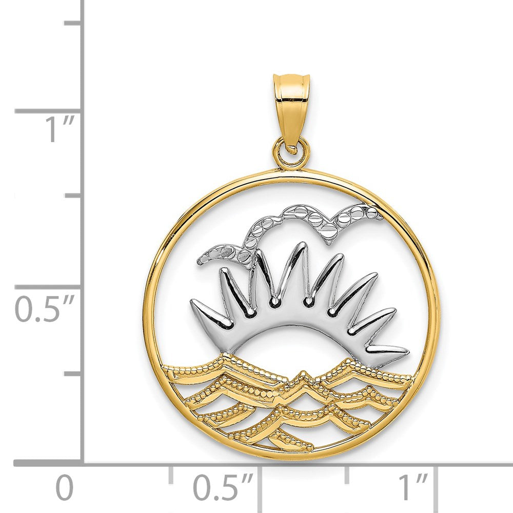 14K Gelb- und Rhodium-Gold/Rhodium Sonnenuntergang-und-Wasser-im-Kreis-Charm