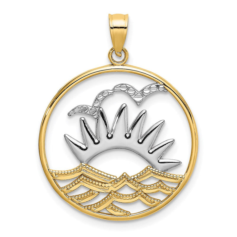 14K Gelb- und Rhodium-Gold/Rhodium Sonnenuntergang-und-Wasser-im-Kreis-Charm