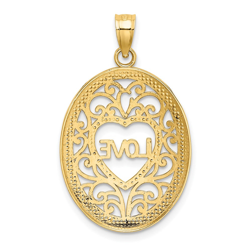 14 Karat Gelb- und Rhodiumgold mit Rhodium, LOVE Filigran-Akzent, ovaler Charm
