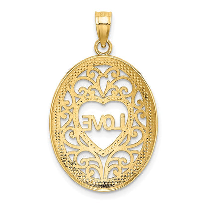 14 Karat Gelb- und Rhodiumgold mit Rhodium, LOVE Filigran-Akzent, ovaler Charm