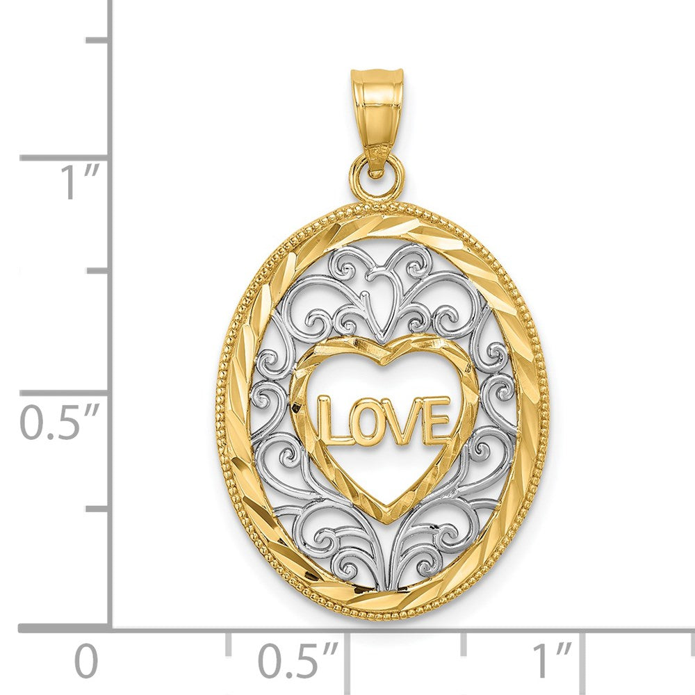 14 Karat Gelb- und Rhodiumgold mit Rhodium, LOVE Filigran-Akzent, ovaler Charm