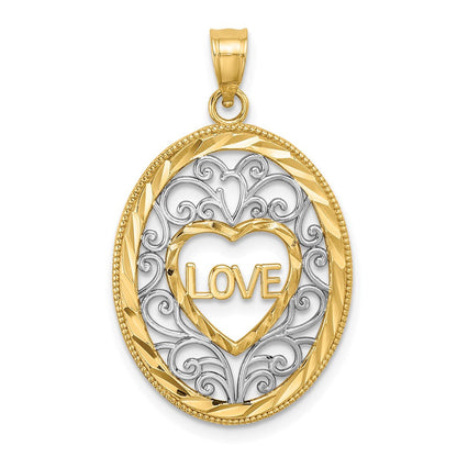 14 Karat Gelb- und Rhodiumgold mit Rhodium, LOVE Filigran-Akzent, ovaler Charm