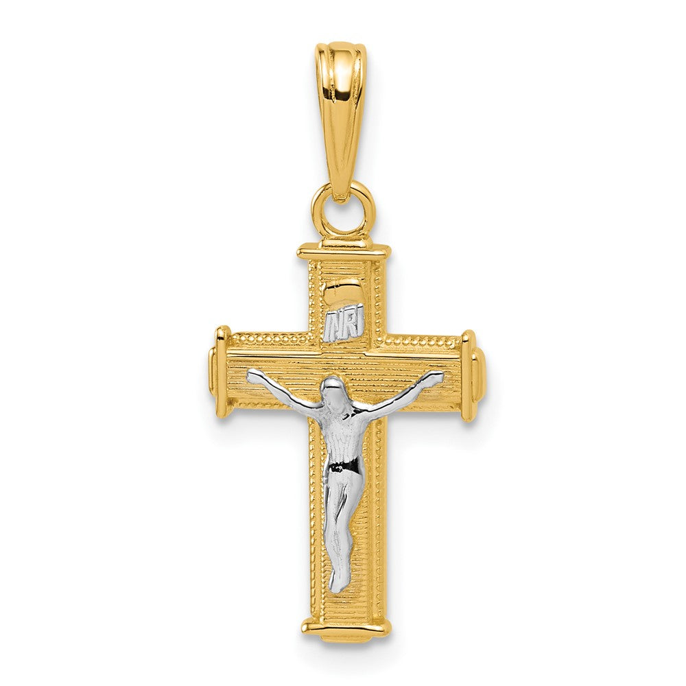 14K Gelb & Rhodium mit Poliert Block Inri Kruzifix Charm