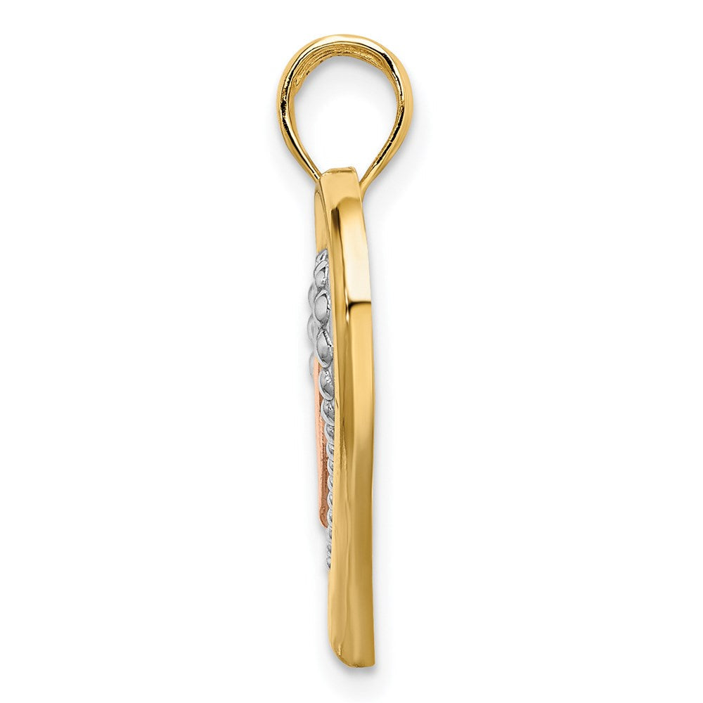 14K Bicolor Gold mit Weißrhodinierung, strukturierter und polierter Charm mit dreifachen Herzen