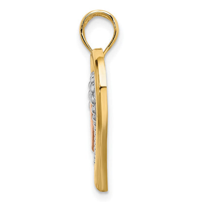 14K Bicolor Gold mit Weißrhodinierung, strukturierter und polierter Charm mit dreifachen Herzen