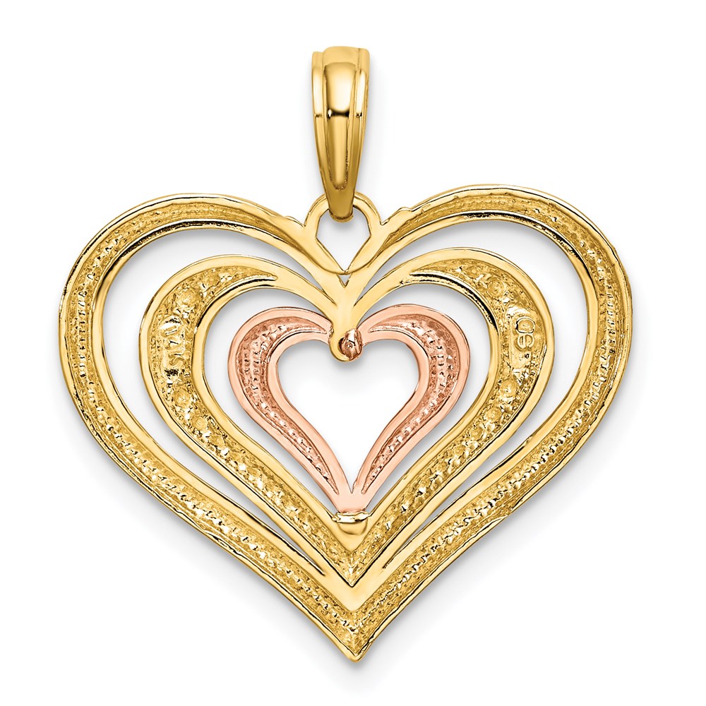 14K Bicolor Gold Weißrhodinierter, Strukturierter und Polierter Dreifach-Herzen-Charm